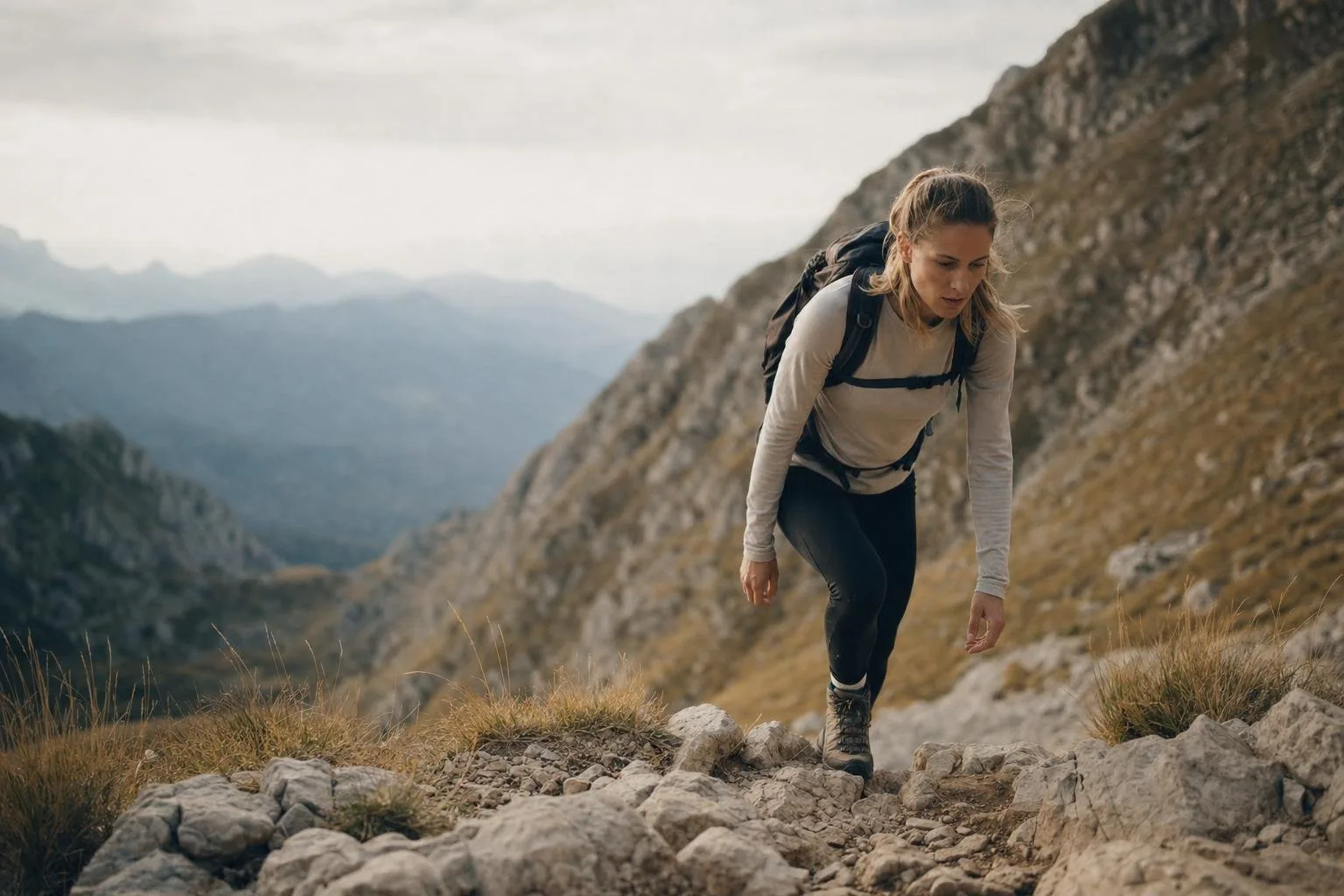 A hiker cresting a ridge with a valley opening up below